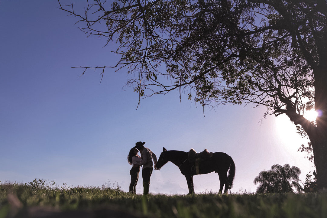 Aula prática de fotografia ao ar livre com casal e cavalo